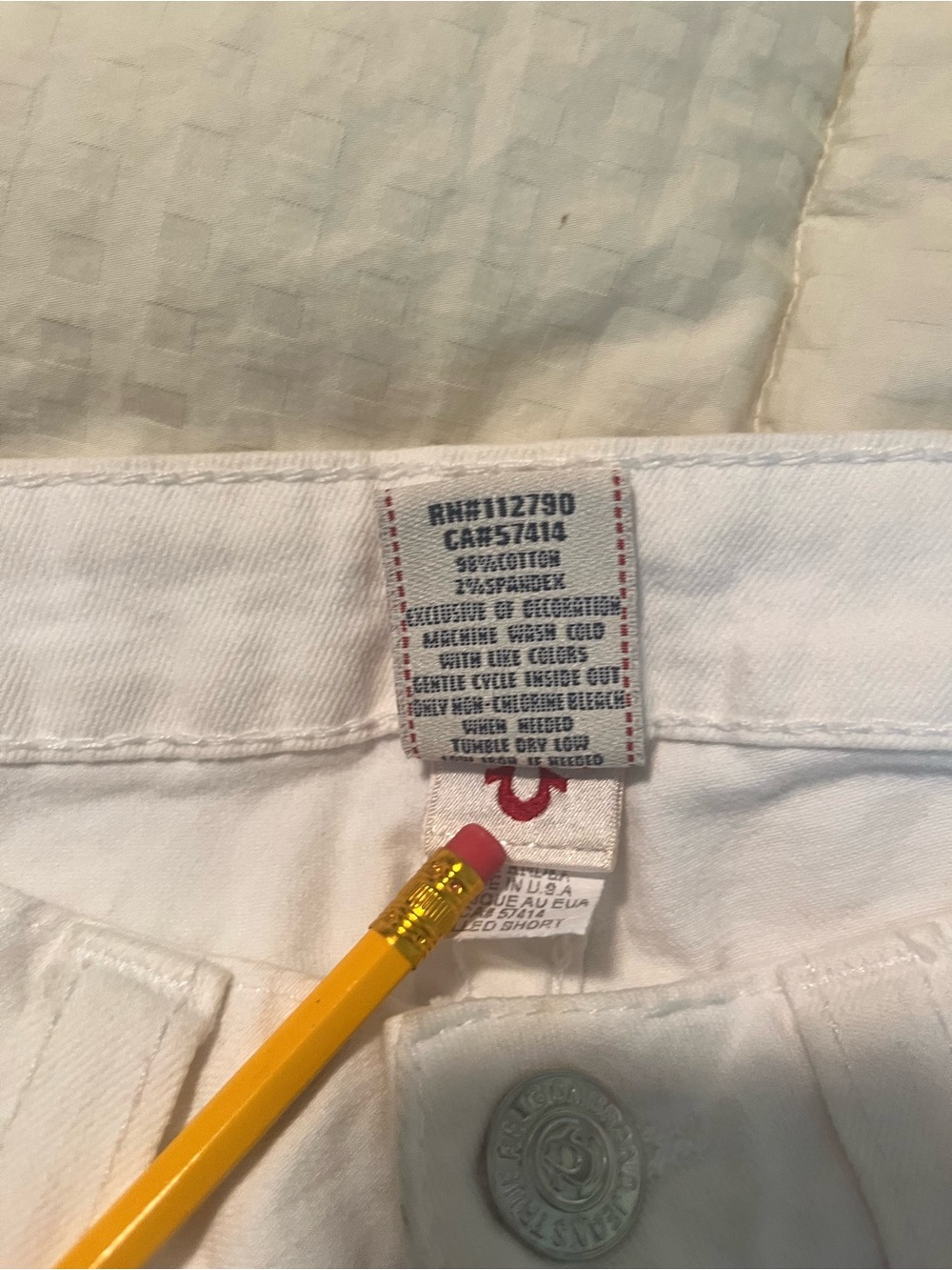 True Religion White Denim Shorts with Light Blue Scroll Print - Picture 12 of 12